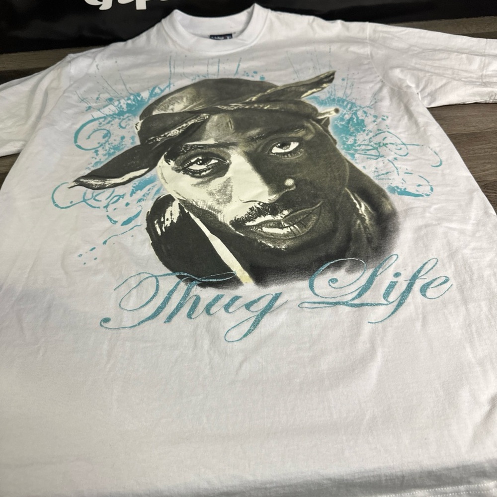 White Graphic Tee with Iconic Design Tupac size large